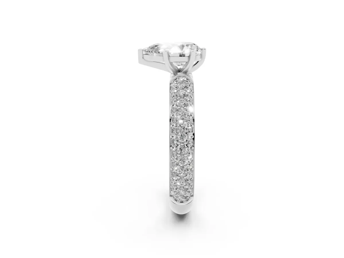 Pear Cut Diamond Solitaire Ring with Prong Setting and Pavé Band Platinum