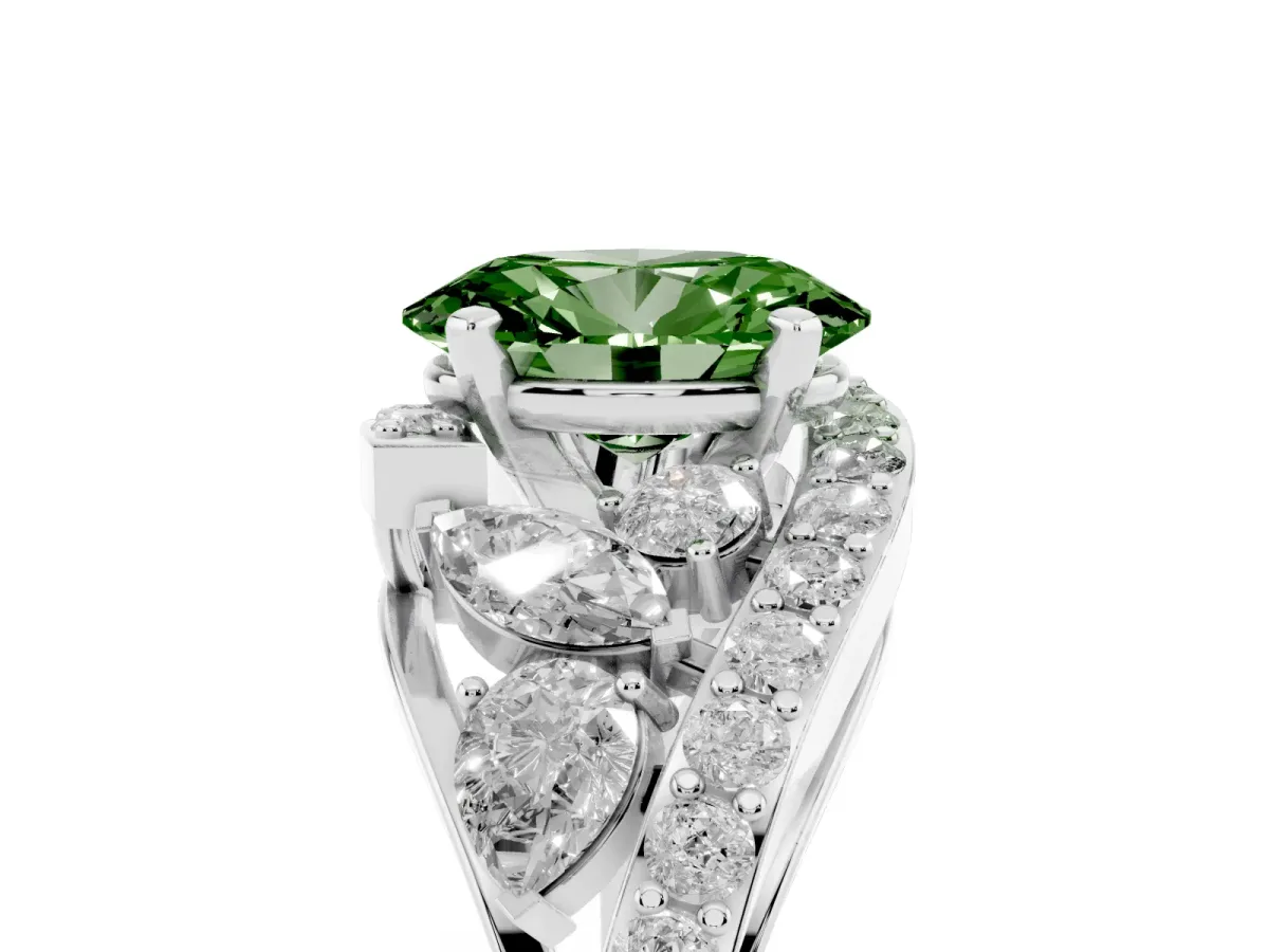 Fancy Green Oval Cut Diamond Halo Ring with Marquise and Pavé Band in Prong Setting Silver