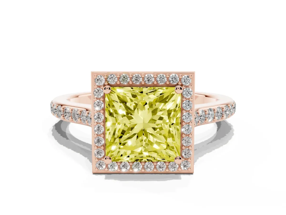 Fancy Yellow Princess Cut Diamond Halo Engagement Ring with Round Pavé Shoulders and Prong Setting Rose gold