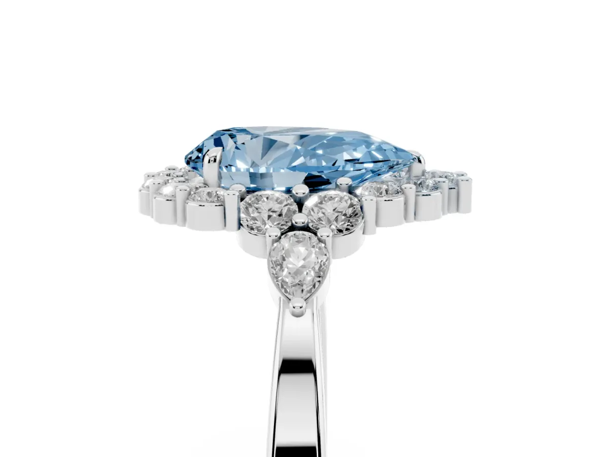 Fancy Blue Pear Cut Diamond Halo Ring with Pear Side Stones and Prong Setting Silver