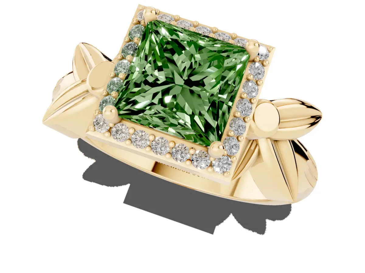 Fancy Green Princess Cut Halo Diamond Floral Band with Four-Prong Setting Yellow gold
