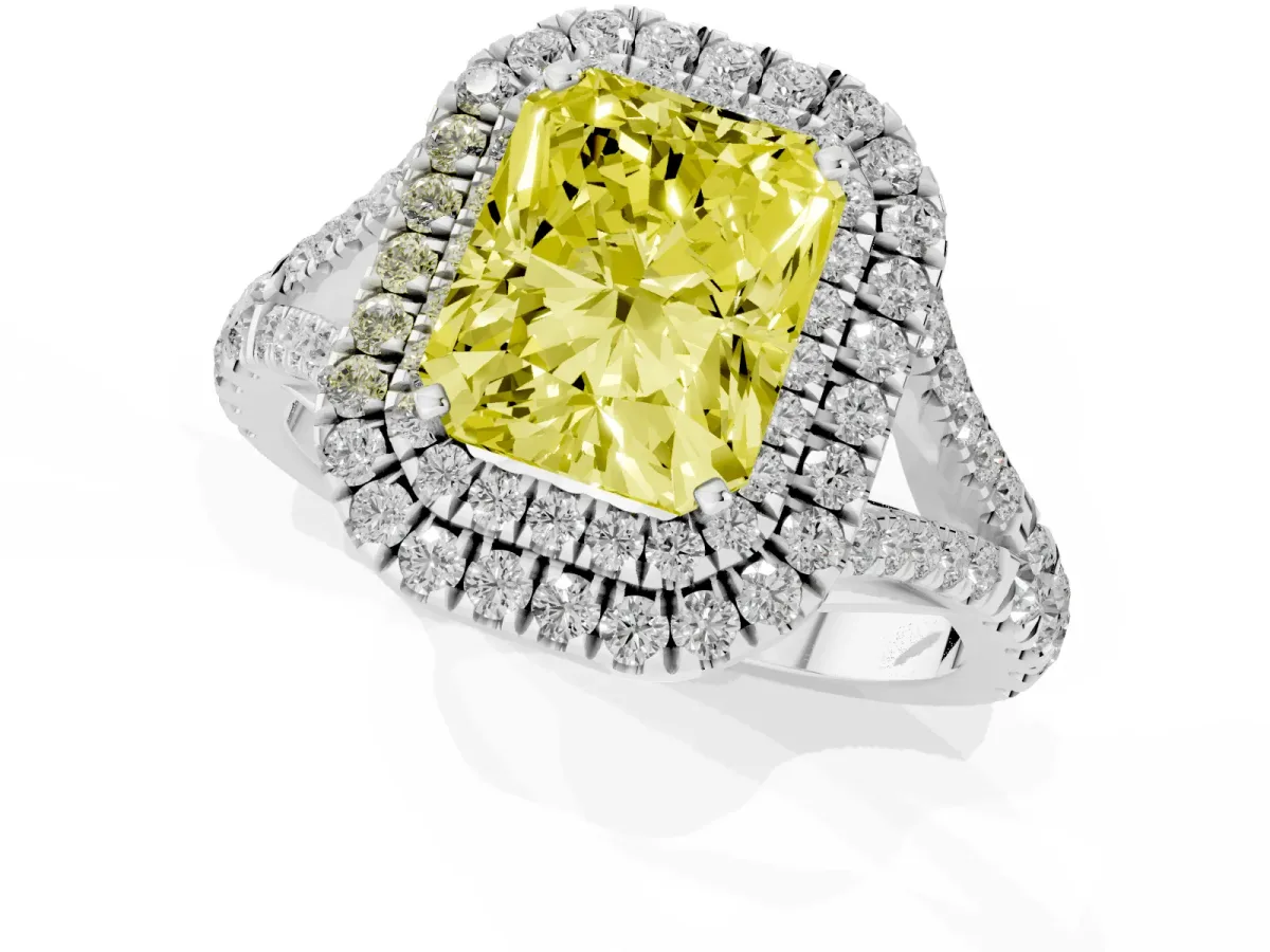 Fancy Yellow Radiant Cut Diamond Pavé Split Shank Double Halo Engagement Ring Silver