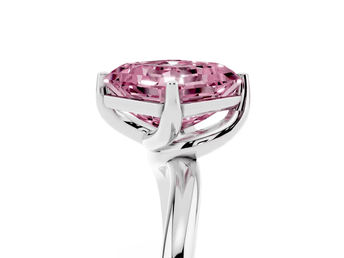 Fancy Pink Asscher Cut Diamond Solitaire Engagement Ring with Four-Prong Setting and Classic Band Platinum