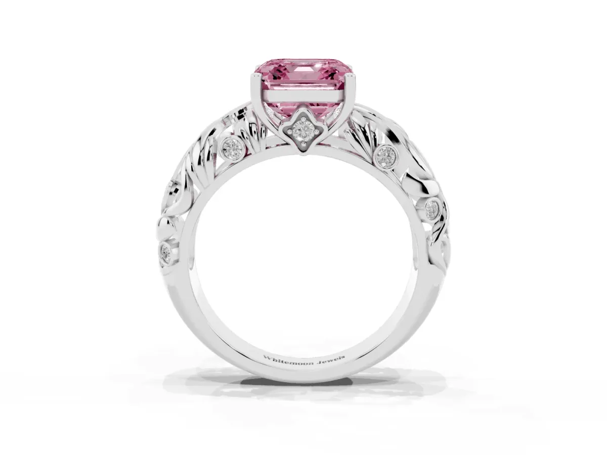 Fancy Pink Asscher Cut Solitaire Diamond Leaf-Inspired Vine Band Ring with Prong Setting Silver