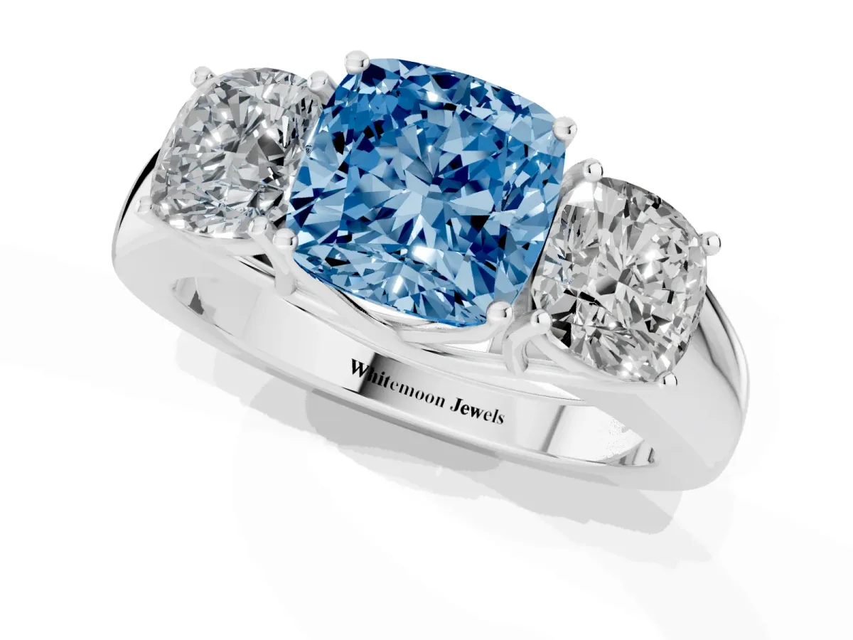 Fancy Blue Three-Stone Cushion Cut Cut Diamond Ring with Prong Setting and Classic Band Silver