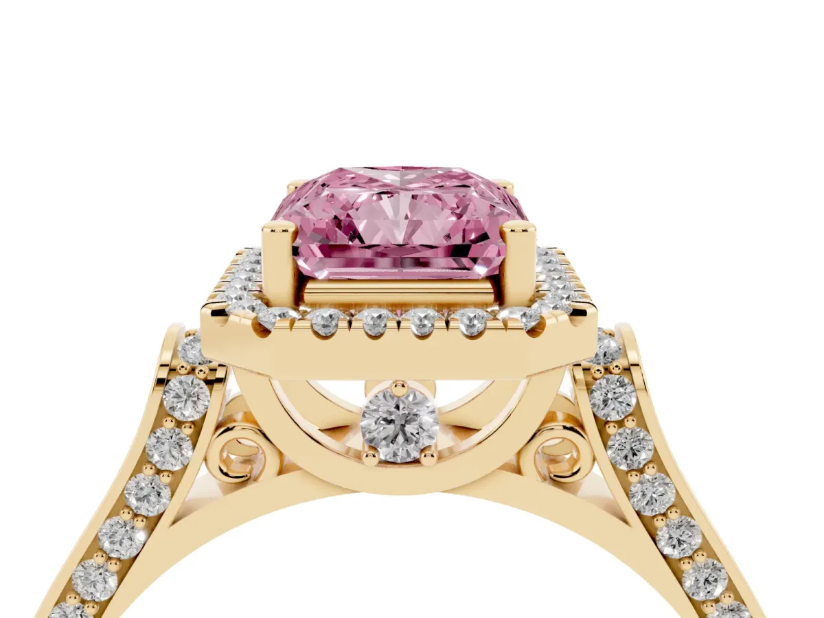 Fancy Pink Radiant Cut Halo Pave Split Shank Prong Setting Ring Yellow gold