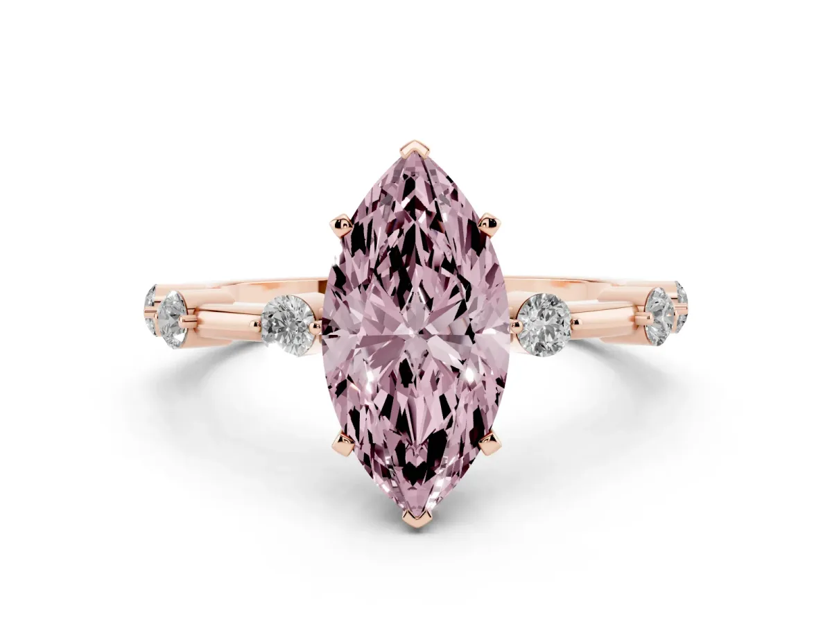 Fancy Pink Marquise Cut Solitaire Diamond Ring with Bezel Set Side Stones and Prong Setting Rose gold