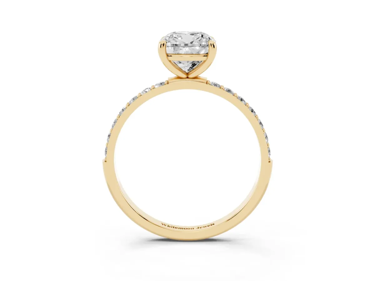 Cushion Cut Diamond Solitaire Ring with Round Pavé Band and Prong Setting Yellow gold