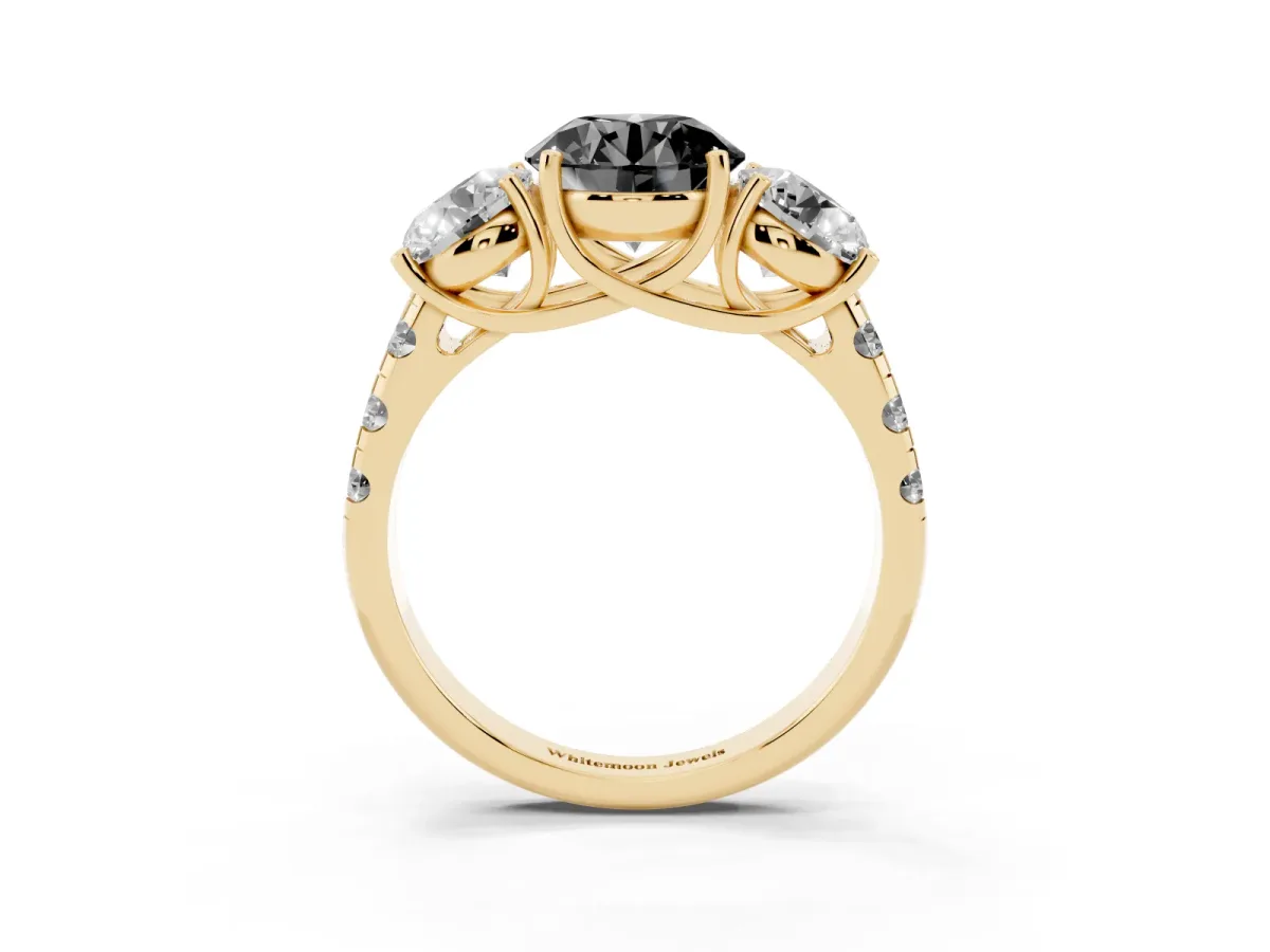 Fancy Black Three-Stone Round Cut Diamond Pavé Band with Prong Setting Yellow gold