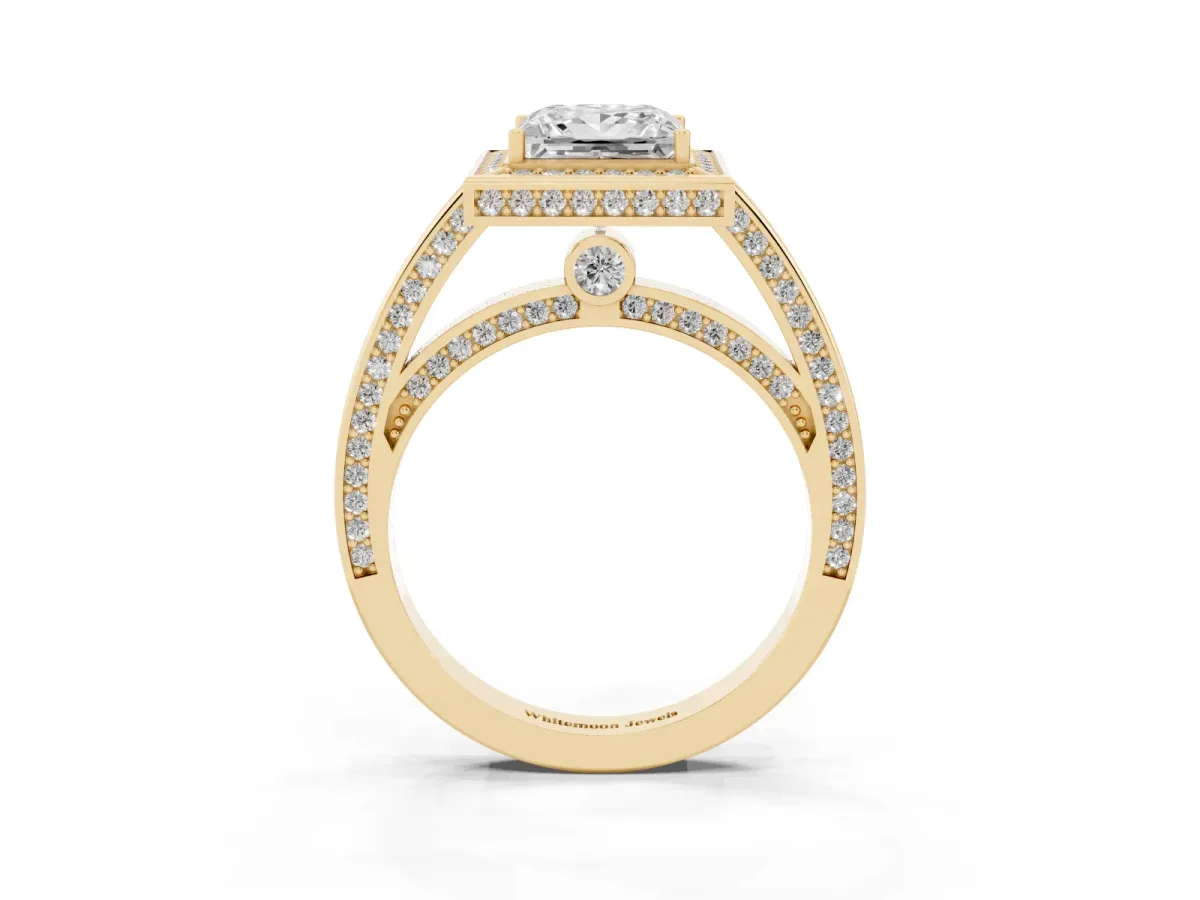 Princess Cut Cut Halo Pave Split Shank Prong Setting Ring Yellow gold