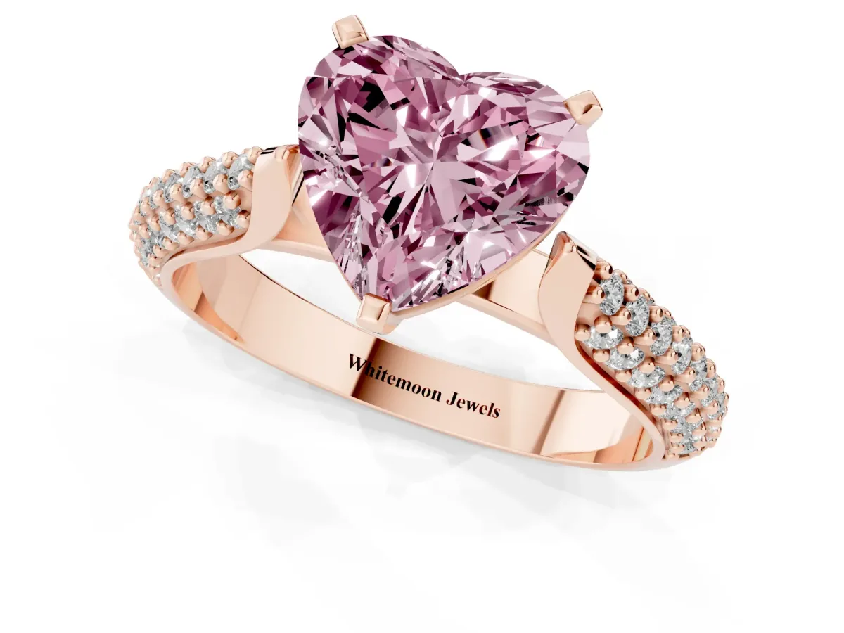 Fancy Pink Heart Cut Diamond Solitaire Engagement Ring with Multi-Row Round Pavé Band and Prong Setting Rose gold