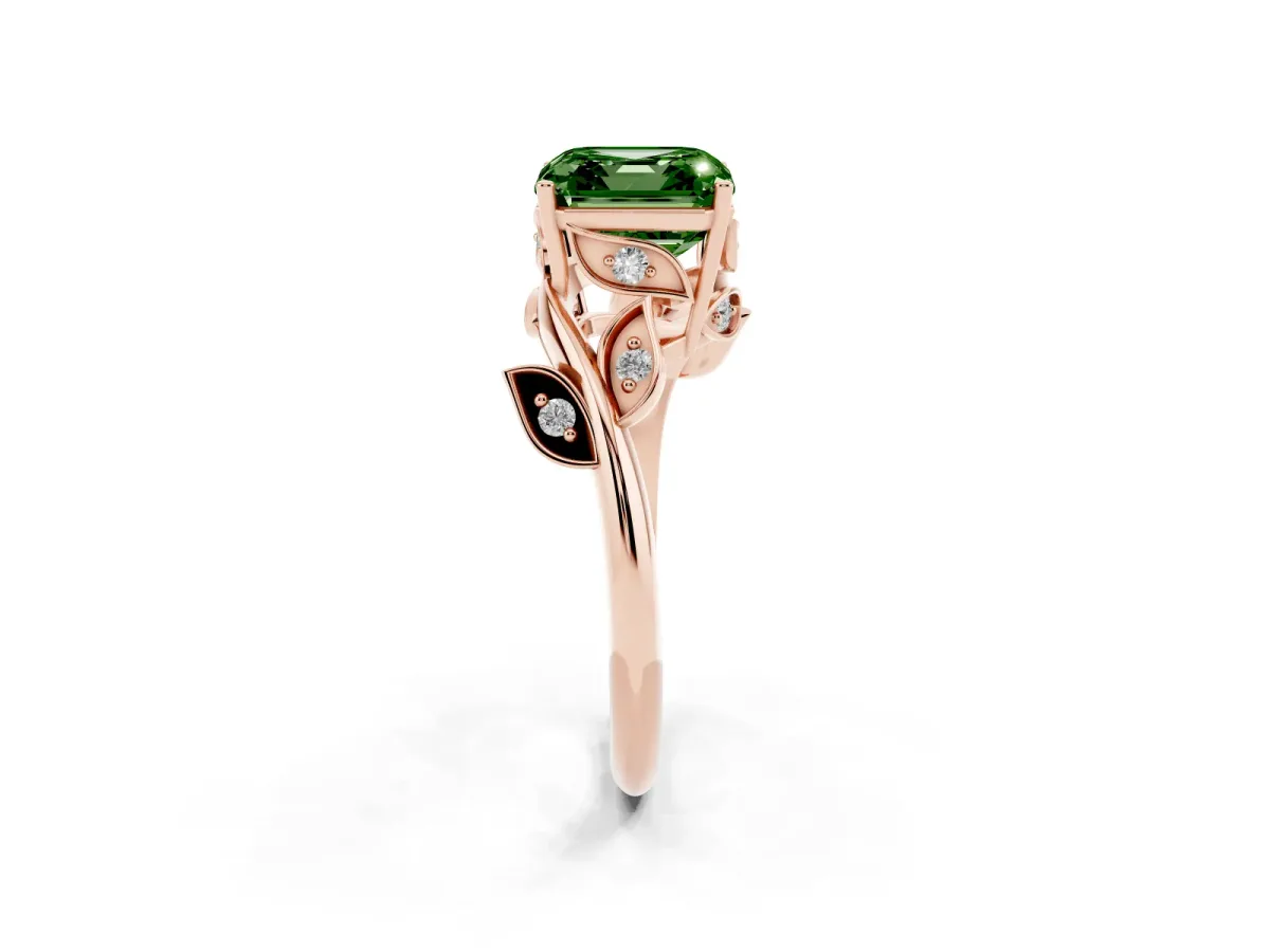 Fancy Green Asscher Cut Solitaire Twist Engagement Ring with Leaf Accents and Prong Setting Rose gold