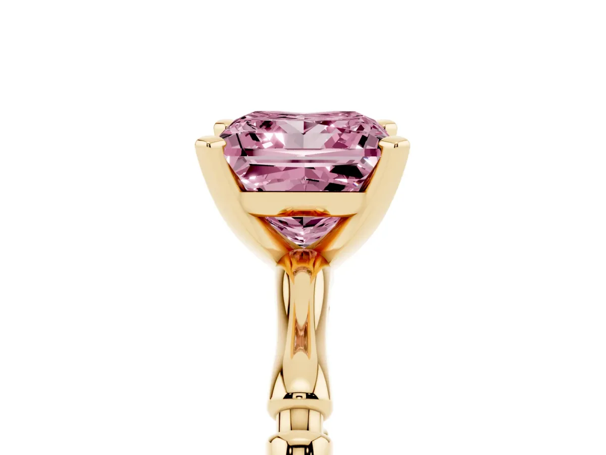 Fancy Pink Princess Cut Solitaire Diamond Ring with Bamboo Band and Four-Prong Setting Yellow gold