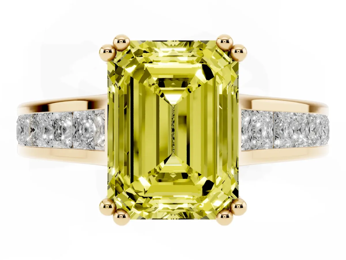 Fancy Yellow Emerald Cut Cut Channel Set Solitaire Engagement Ring with Prong Setting Yellow gold