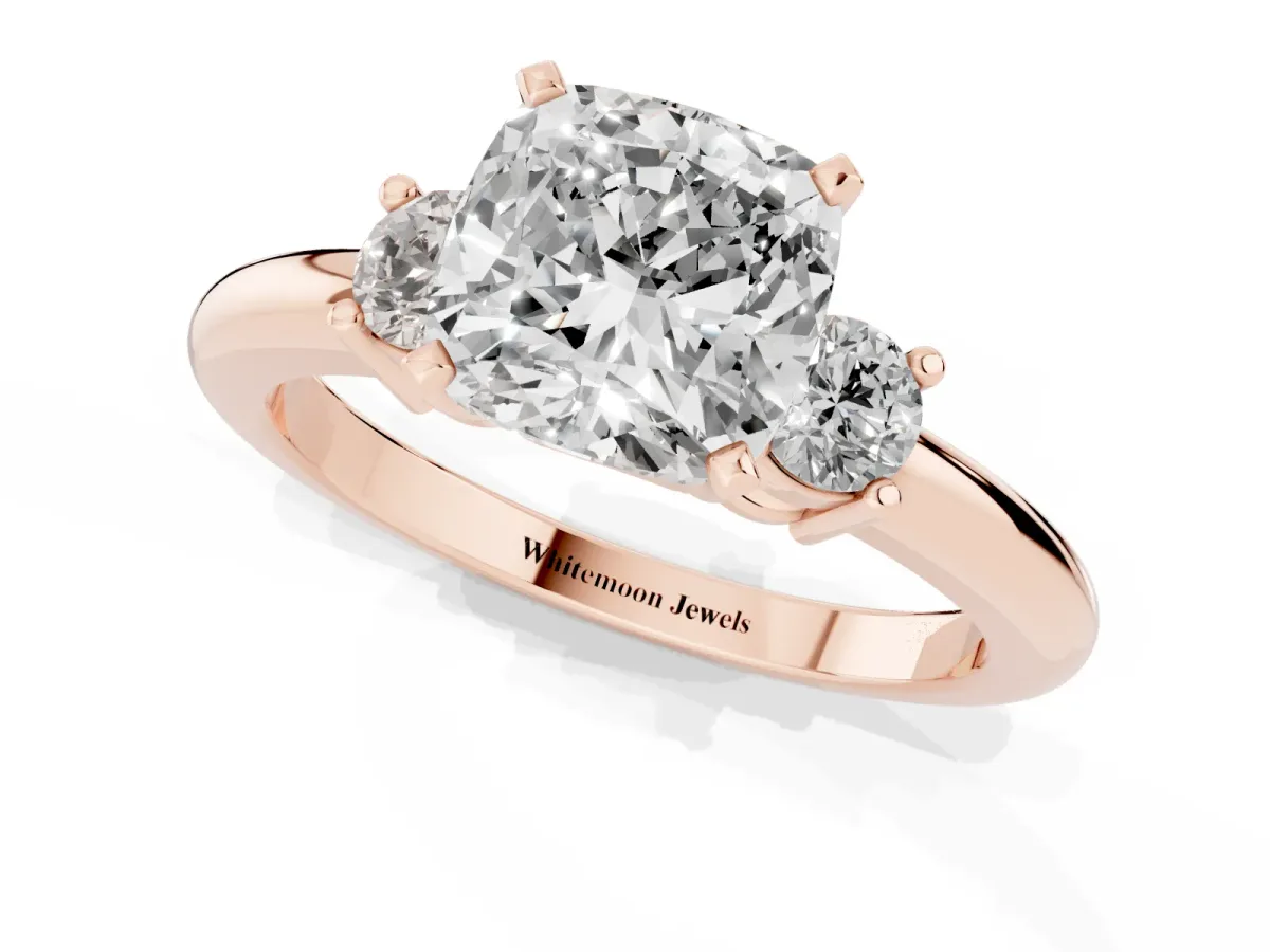 Three-Stone Cushion Cut Cut Diamond Solitaire with Prong Setting and Classic Band Rose gold