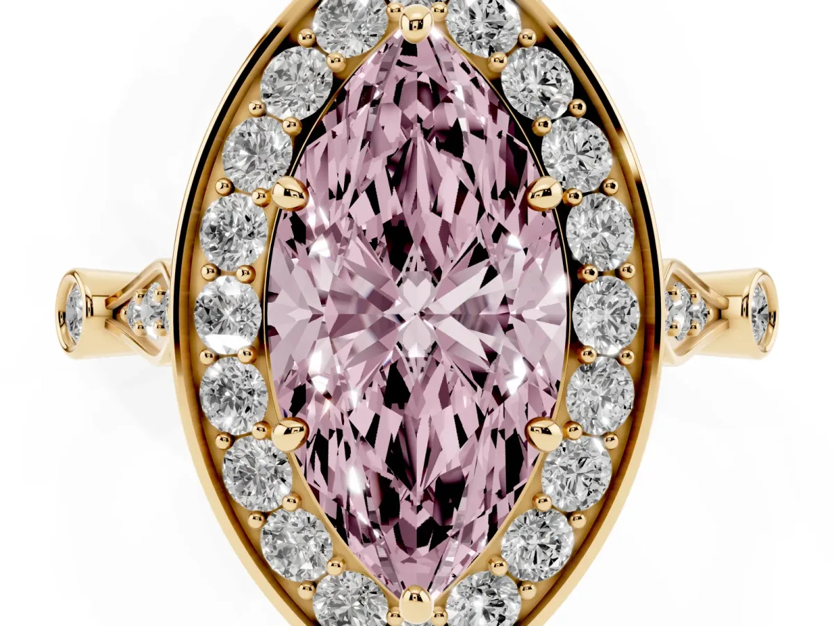 Fancy Pink Marquise Cut Halo Diamond Engagement Ring with Twisted Band and Four-Prong Setting Yellow gold