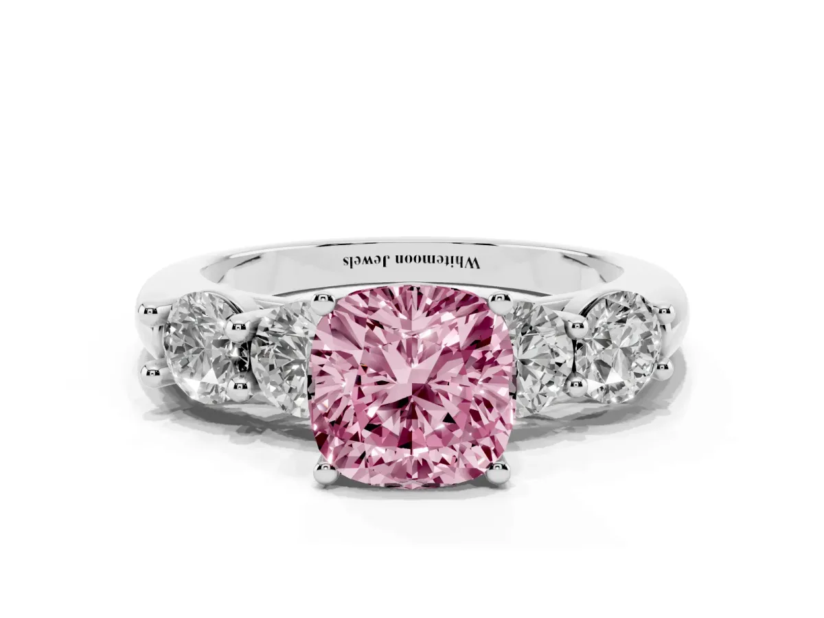 Fancy Pink Cushion Cut Cut Five-Stone Prong Set Diamond Ring with Classic Band Silver