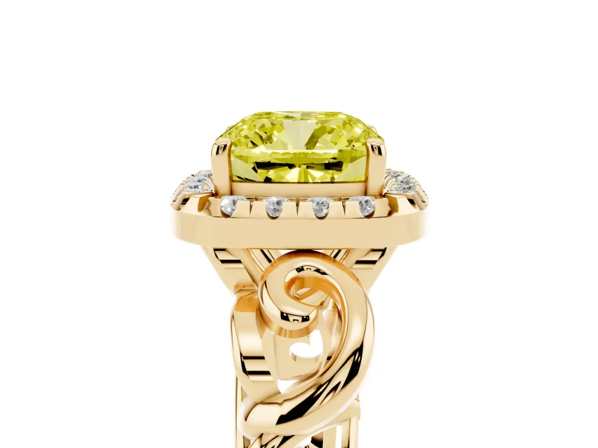Fancy Yellow Cushion Cut Cut Halo Diamond Ring with Scrollwork Band and Four-Prong Setting Yellow gold