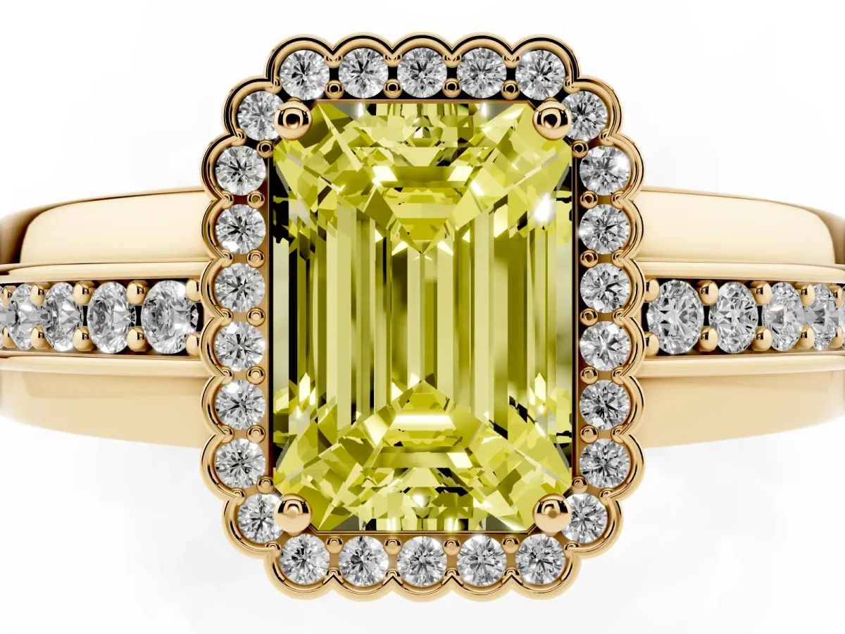 Fancy Yellow Emerald Cut Cut Halo Pave Band Four-Prong Ring Yellow gold