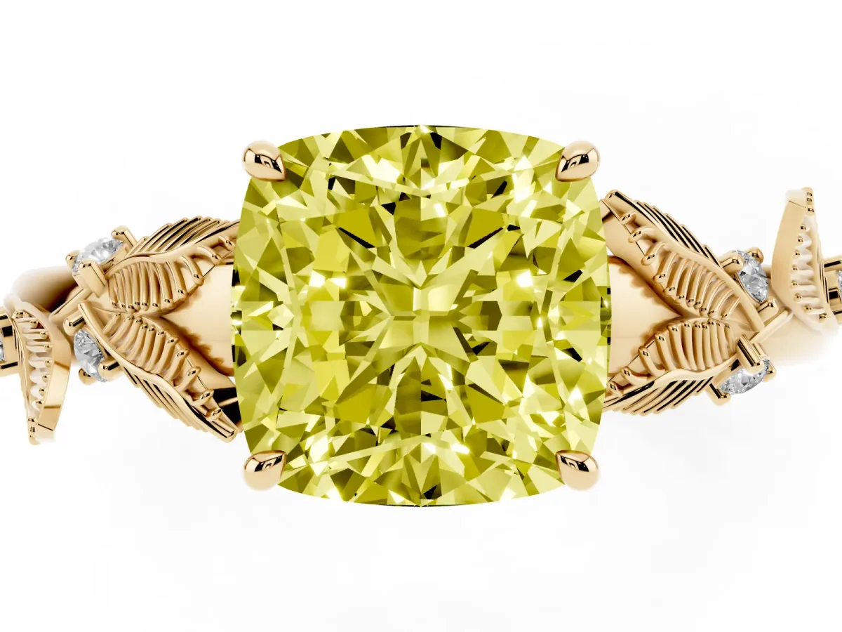 Fancy Yellow Cushion Cut Diamond Solitaire Ring with Leaf Motif Band and Four-Prong Setting Yellow gold
