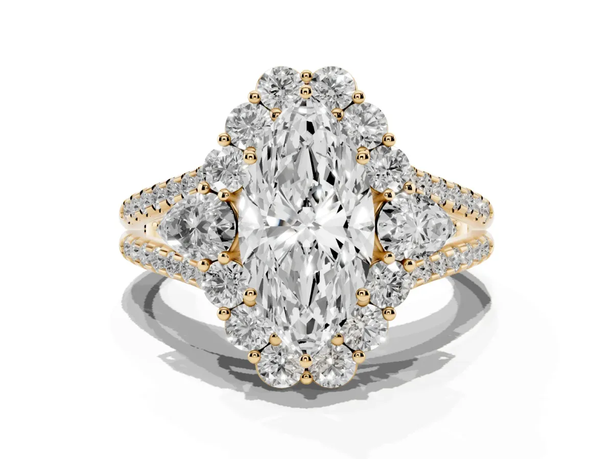 Marquise Cut Halo Split Shank Diamond Engagement Ring with Prong Setting Yellow gold