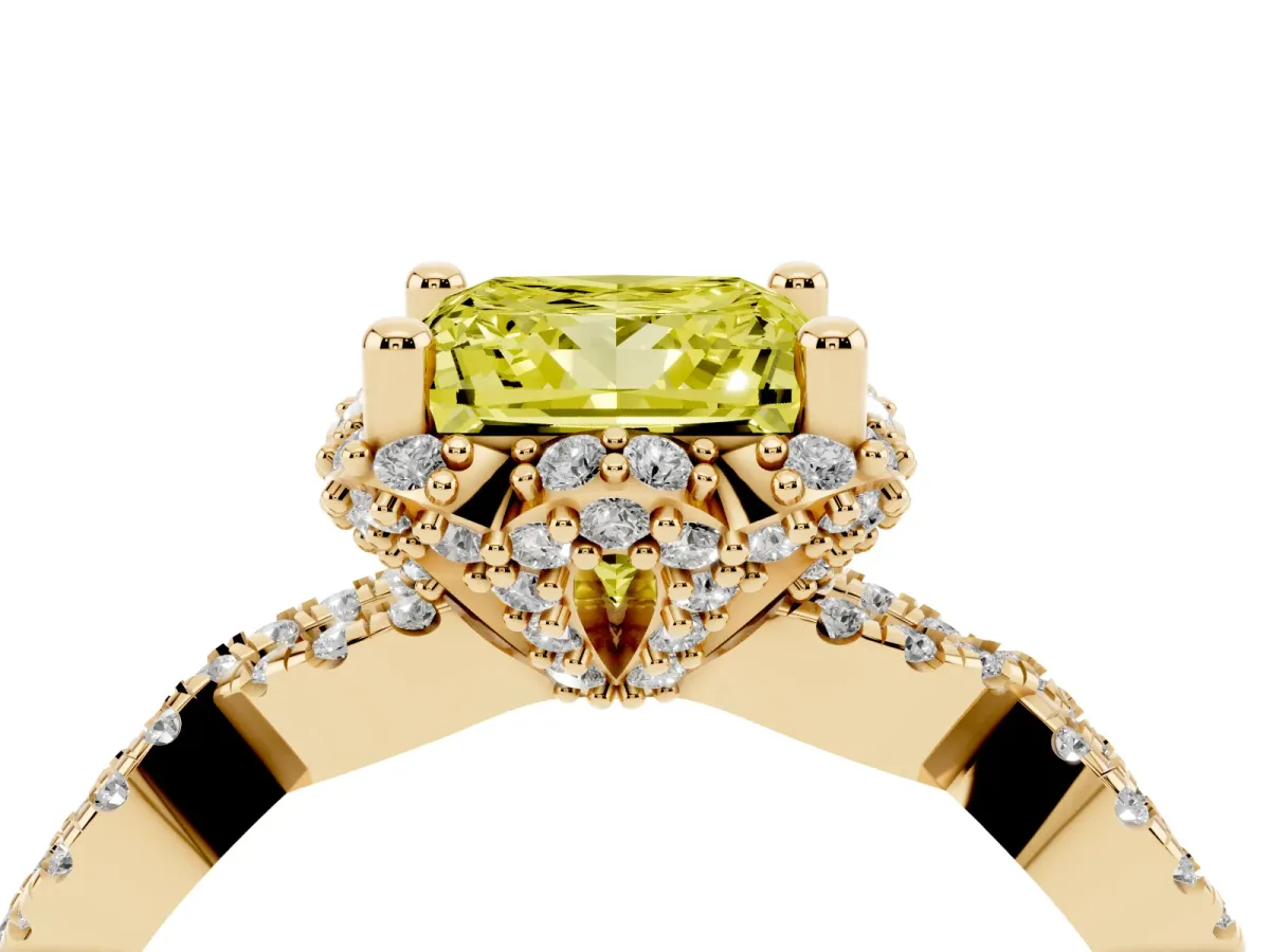 Fancy Yellow Princess Cut Halo Twist Band Solitaire Ring with Six-Prong Setting Yellow gold