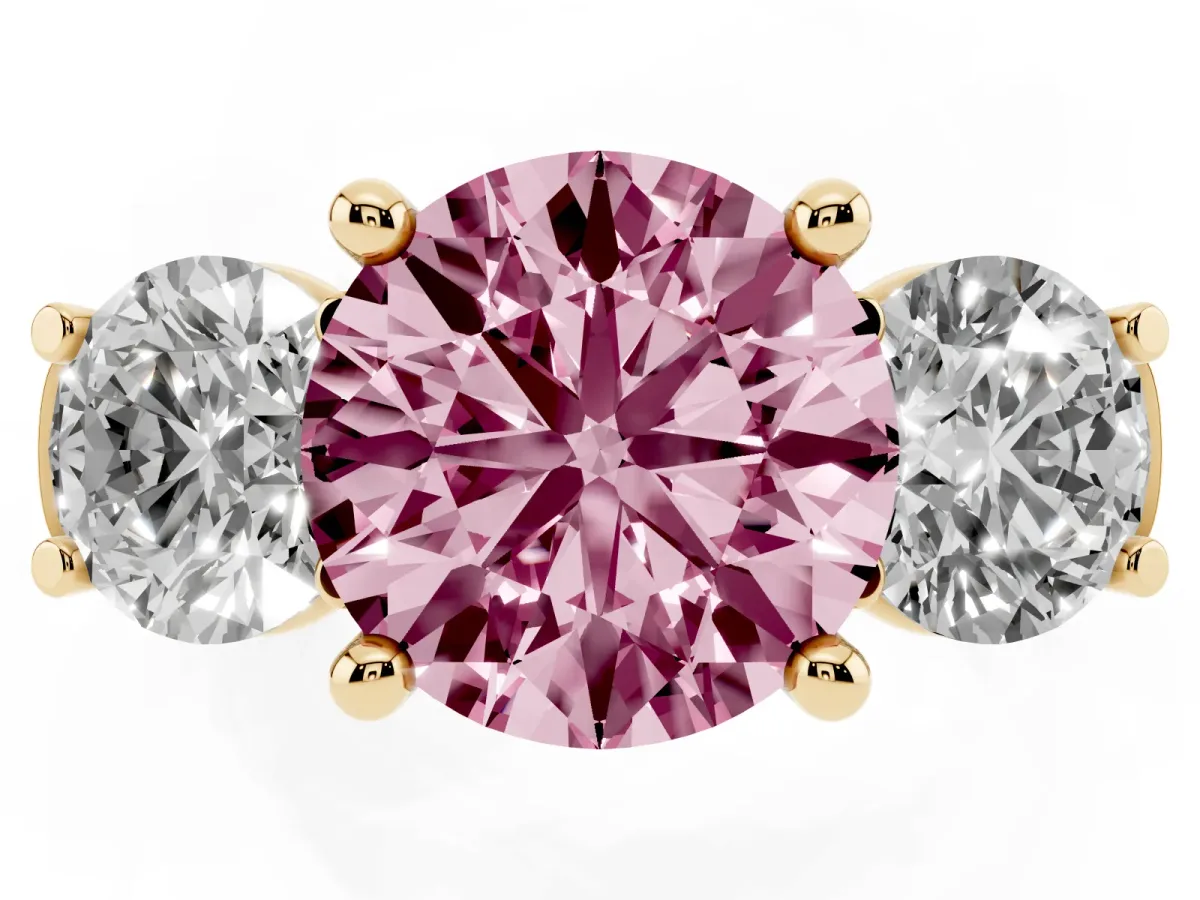 Fancy Pink Three-Stone Round Cut Brilliant Diamond Trellis Ring with Comfort Fit Band Yellow gold