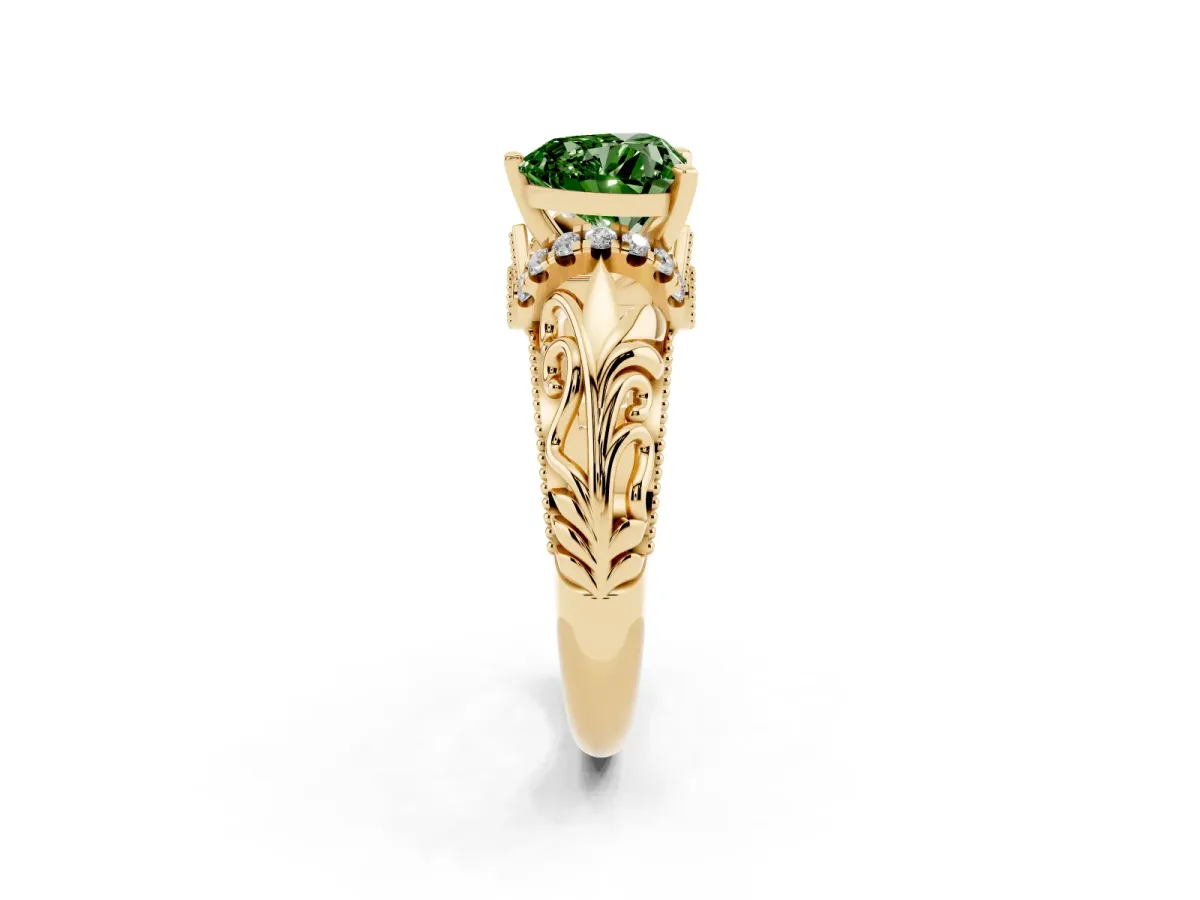 Fancy Green Heart Cut Solitaire Filigree Engagement Ring with Halo and Prong Setting Yellow gold