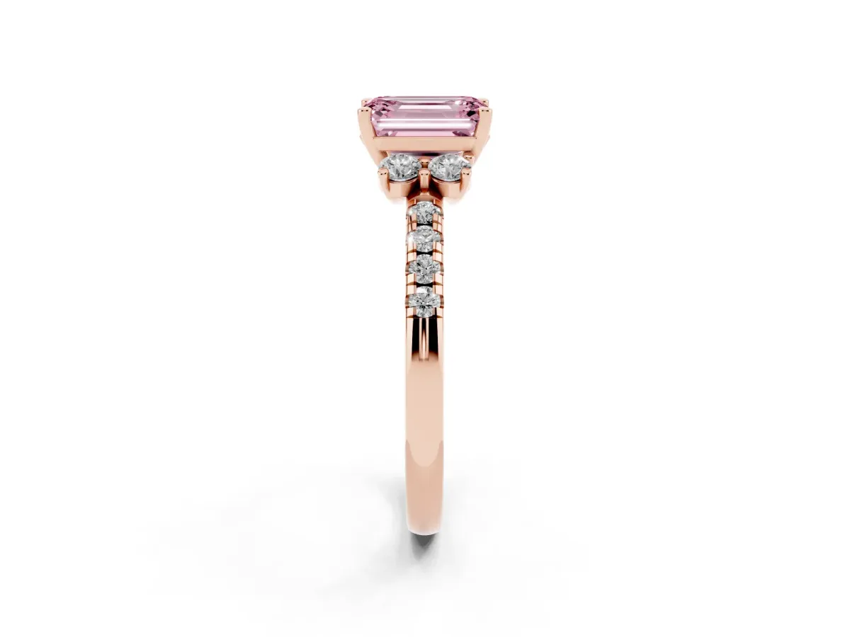 Fancy Pink Emerald Cut Diamond Three-Stone Pave Band with Four-Prong Setting Rose gold