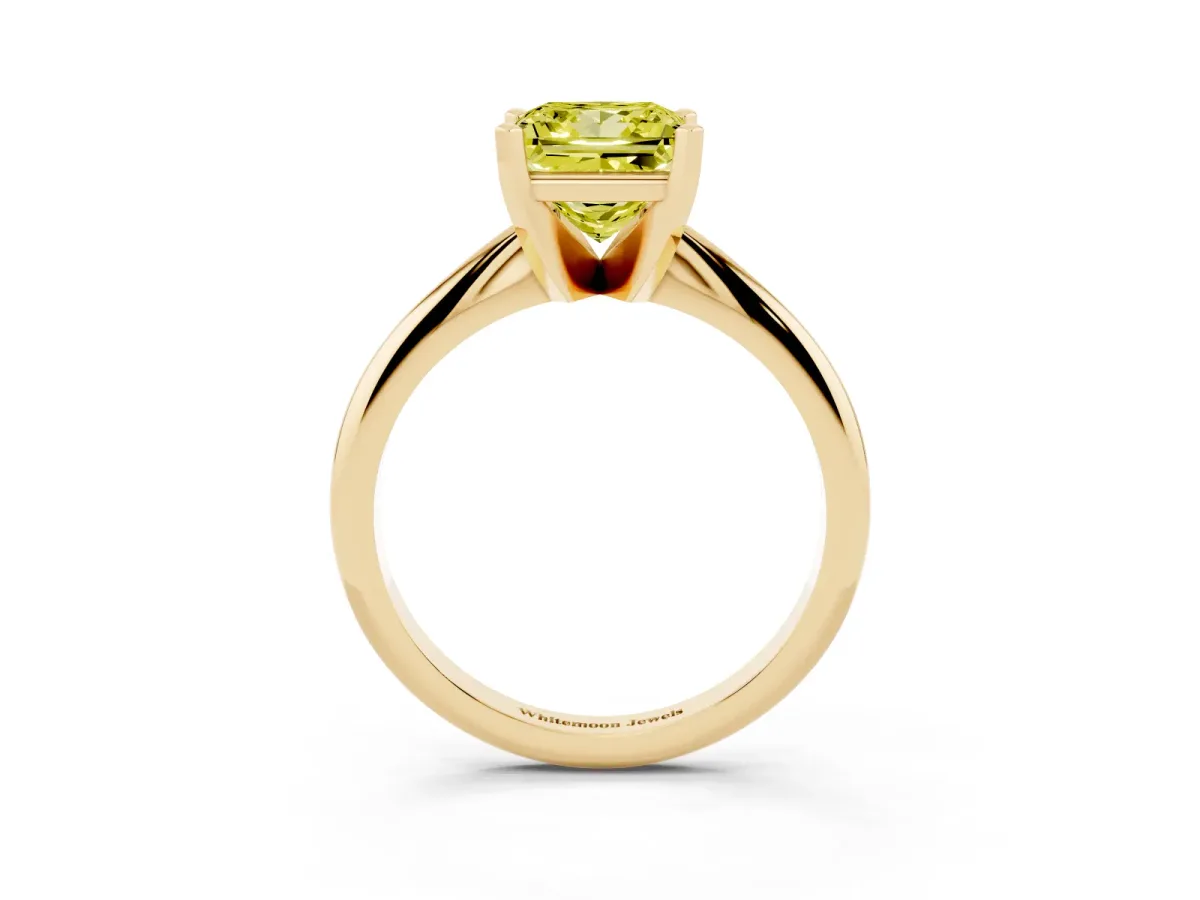 Fancy Yellow Princess Cut Cut Solitaire Ring with Four-Prong Setting on a Classic Band Yellow gold