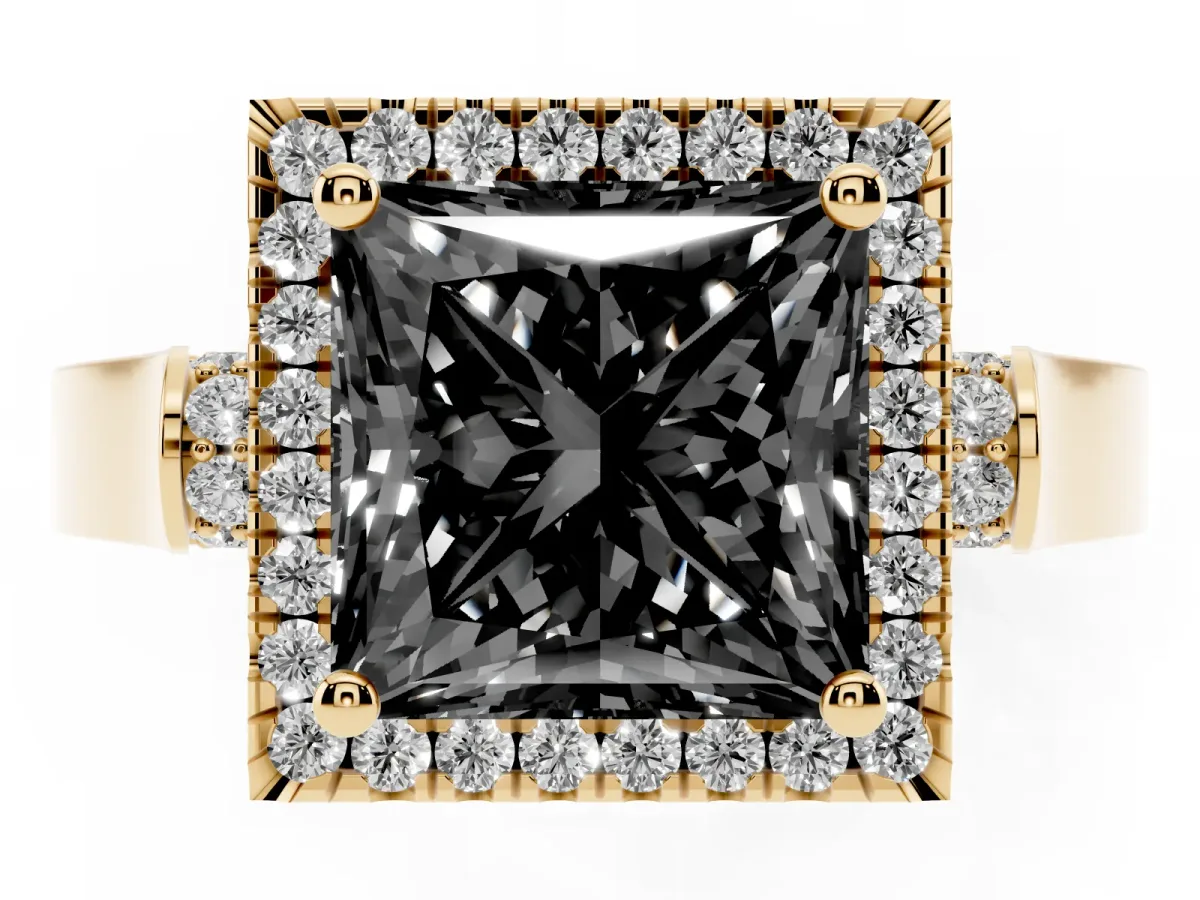 Fancy Black Princess Cut Halo Round Diamond Twist Band with Four-Prong Setting Yellow gold