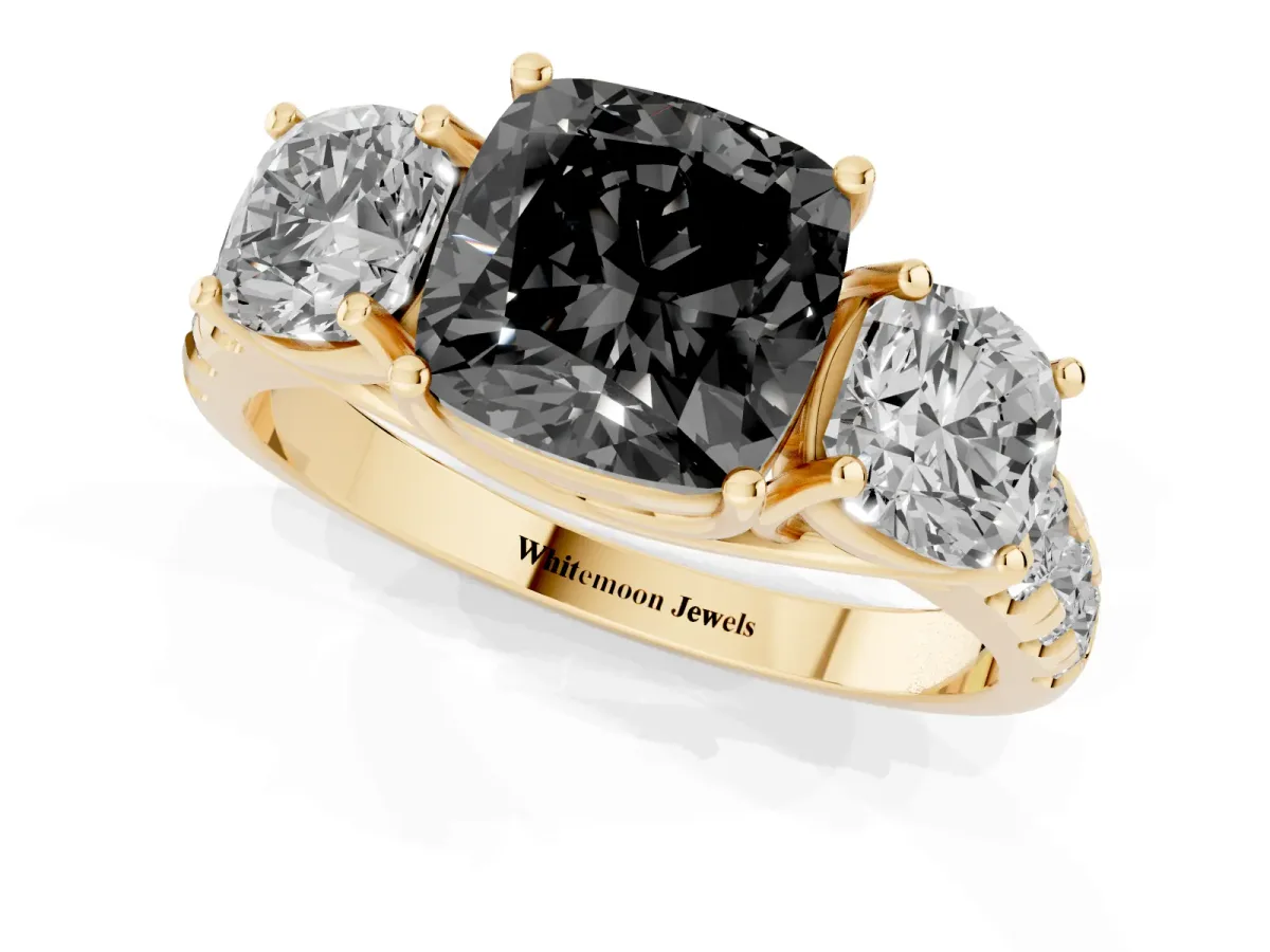 Fancy Black Three-Stone Cushion Cut Diamond Pavé Band with Prong Setting Yellow gold