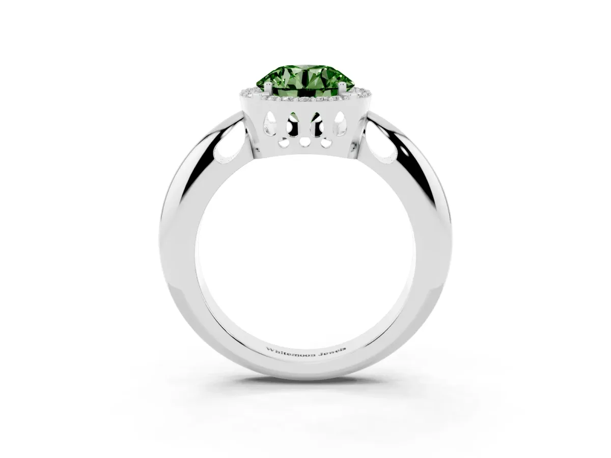 Fancy Green Round Cut Cut Diamond Halo Engagement Ring with Split Shank and Four-Prong Setting Silver