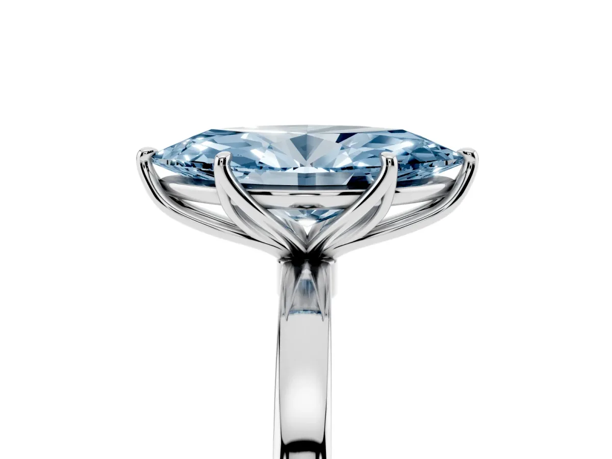 Fancy Blue Marquise Cut Diamond Solitaire Ring with Thin Band and Prong Setting Platinum