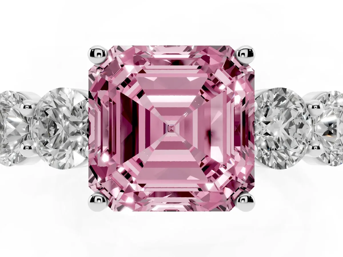 Fancy Pink Asscher Cut Cut Five-Stone Prong Set Diamond Ring with Classic Band White gold