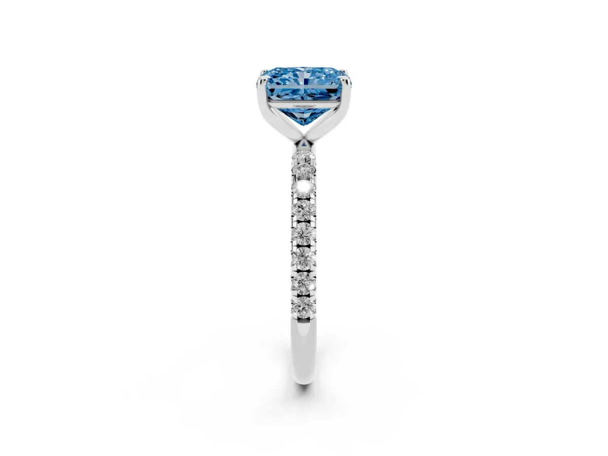 Fancy Blue Radiant Cut Cut Diamond Solitaire Ring with Micro Pave Band and Four Prong Setting Silver