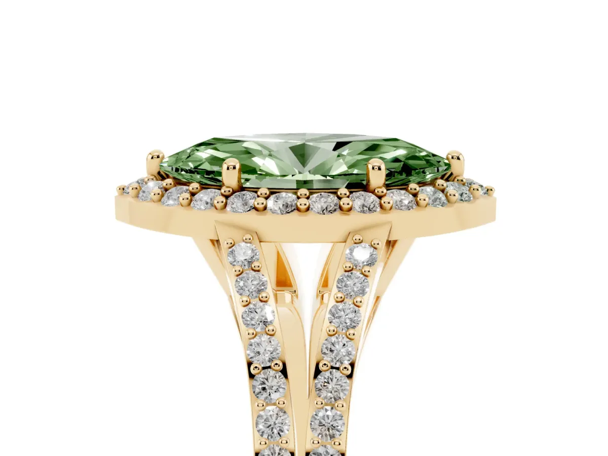 Fancy Green Marquise Cut Halo Split Shank Diamond Ring with Prong Setting Yellow gold