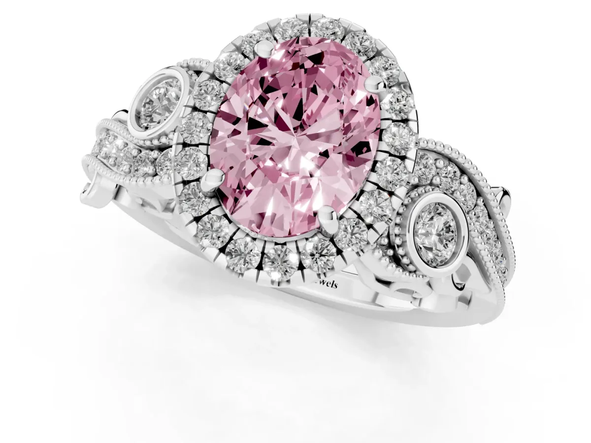 Fancy Pink Oval Cut Diamond Halo Ring with Milgrain Pavé Band and Four-Prong Setting Silver