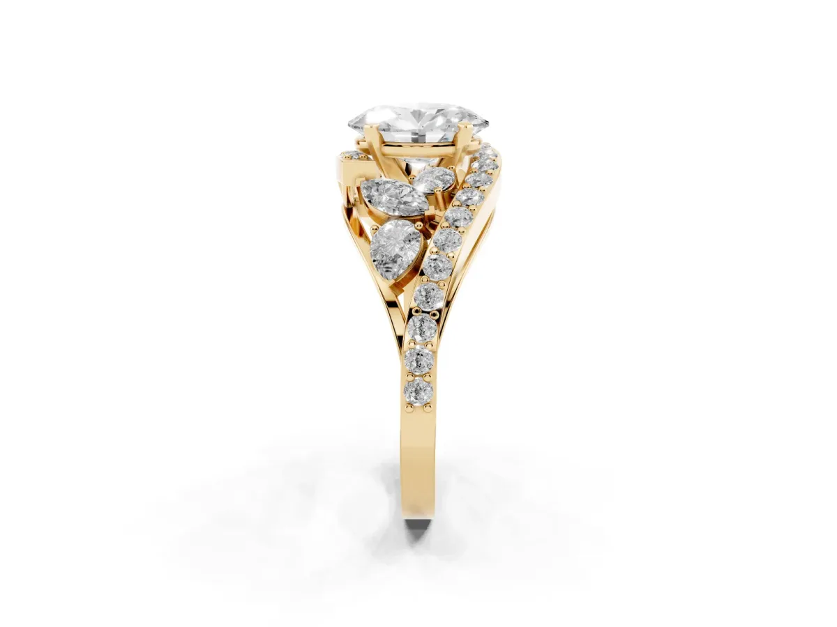 Oval Cut Diamond Halo Ring with Marquise and Pavé Band in Prong Setting Yellow gold
