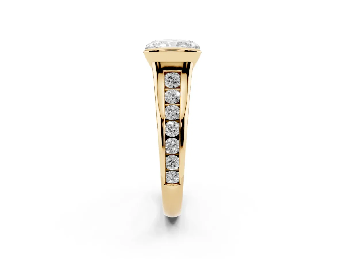 Radiant Cut Solitaire Bezel-Set Diamond Ring with Channel-Set Band Yellow gold