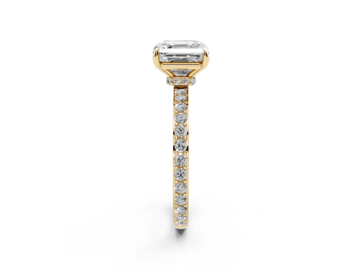 Asscher Cut Diamond Pavé Engagement Ring with Round Accents and Prong Setting Yellow gold