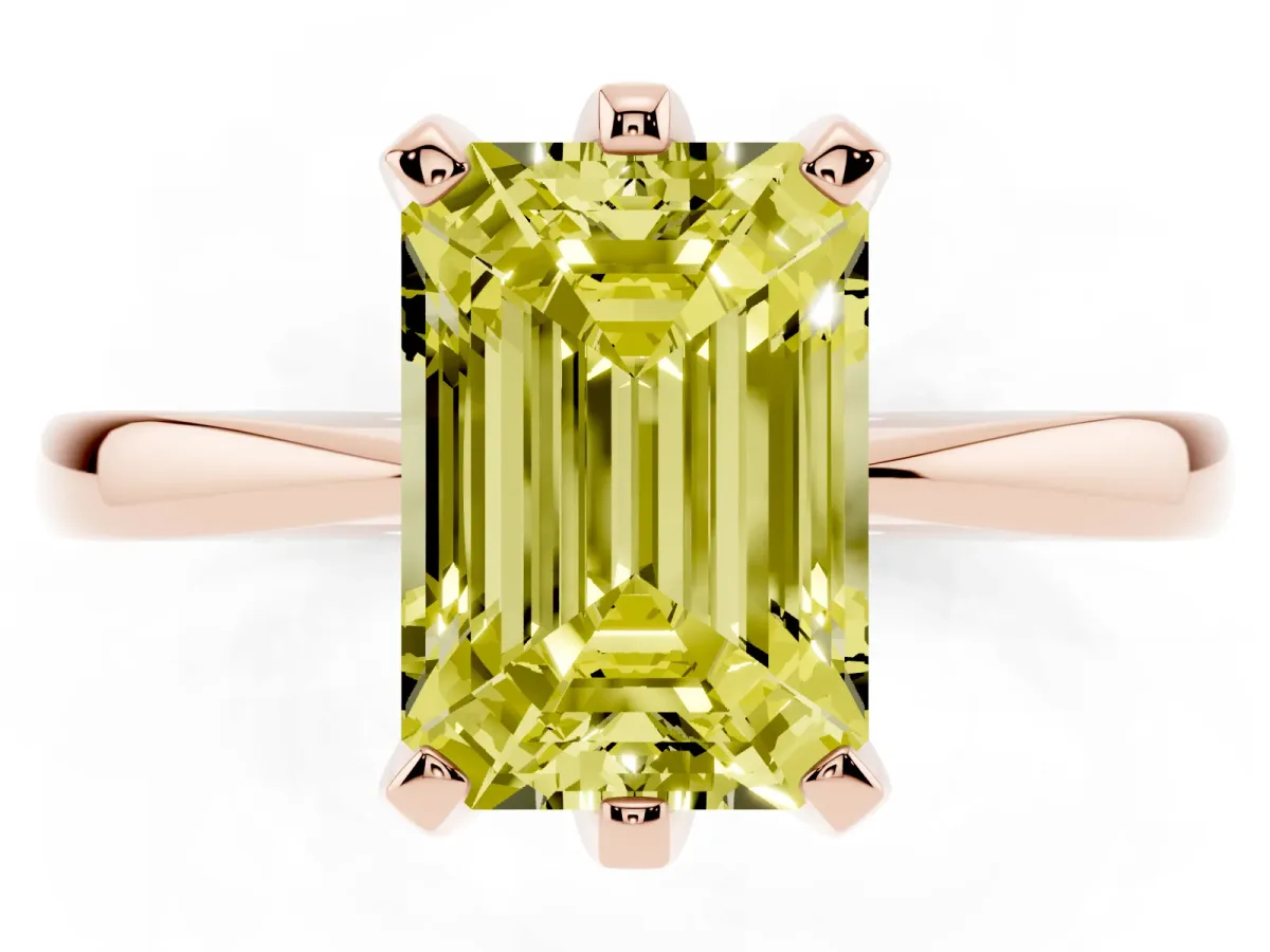 Fancy Yellow Emerald Cut Solitaire Engagement Ring with Six-Prong Setting and Tapered Band Rose gold
