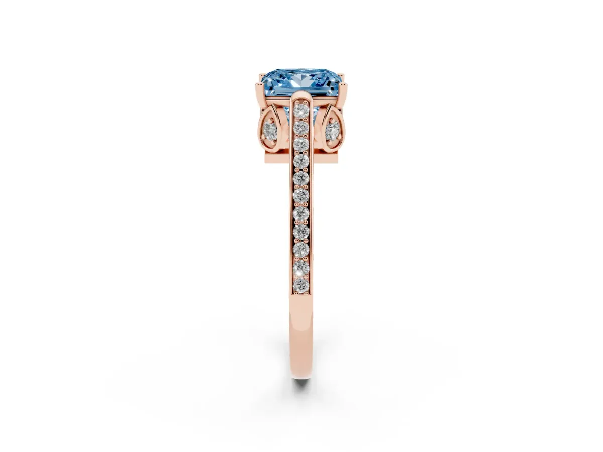 Fancy Blue Princess Cut Cut Cathedral Pave Diamond Engagement Ring with Six-Prong Setting Rose gold