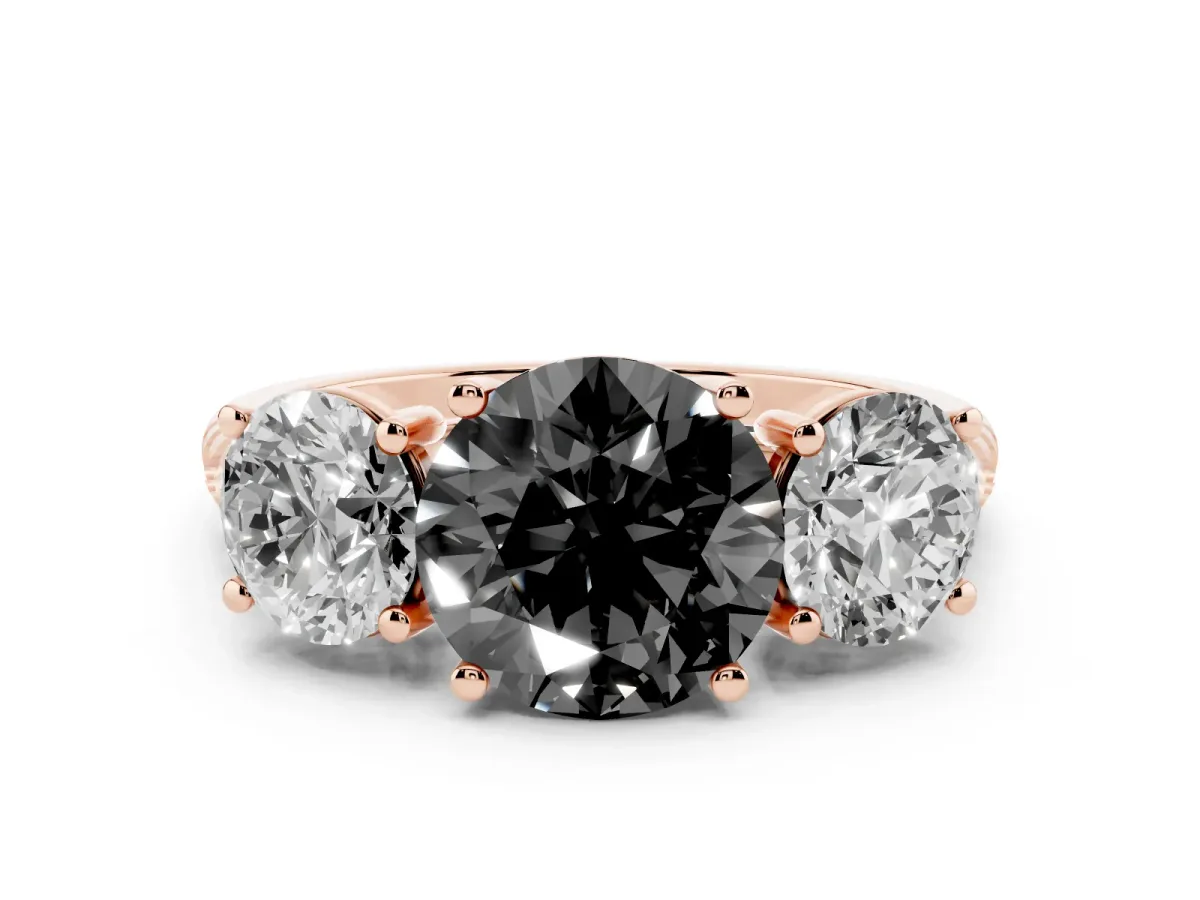 Fancy Black Three-Stone Round Cut Diamond Ring with Round Pavé Band and Prong Setting Rose gold