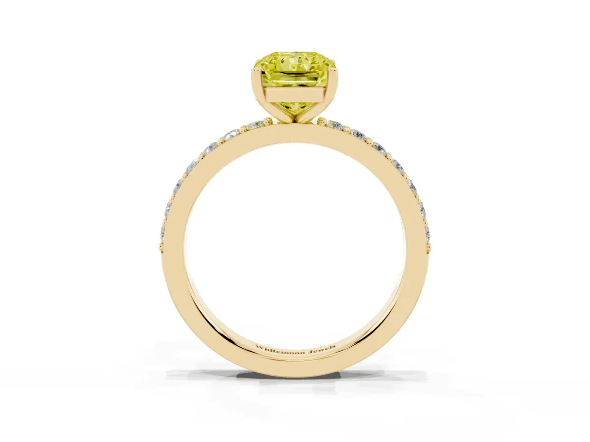 Fancy Yellow Radiant Cut Cut Diamond Solitaire with Pave Band and Four-Prong Setting Yellow gold