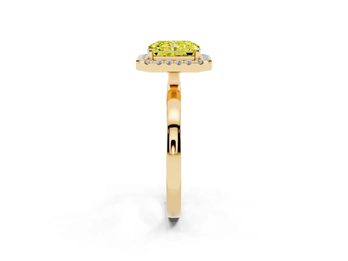 Fancy Yellow Radiant Cut Halo Diamond Solitaire with Pavé Band and Four-Prong Setting Yellow gold