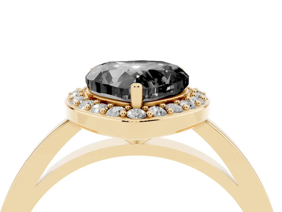 Fancy Black Heart Cut Halo Diamond Ring with Solitaire Band and Prong Setting Yellow gold