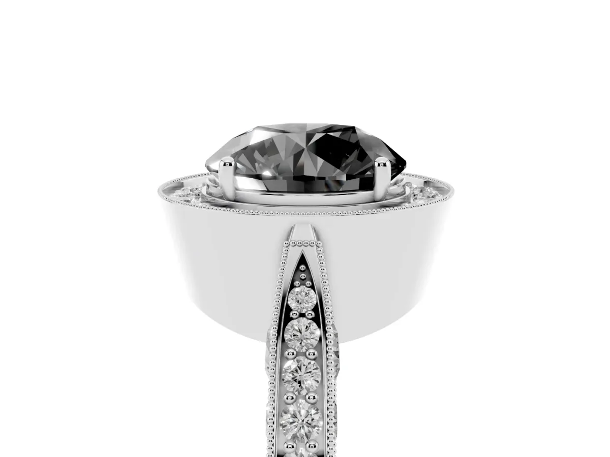 Fancy Black Round Cut Halo Diamond Engagement Ring with Split Shank Band and Four-Prong Setting Platinum