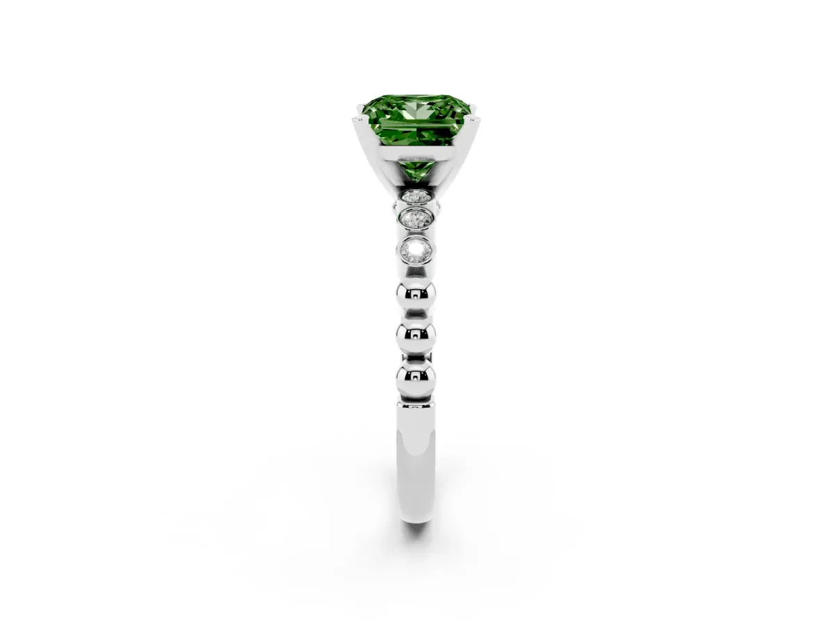 Fancy Green Princess Cut Solitaire Bezel Accent Diamond Engagement Ring with Beaded Band and Four-Prong Setting Platinum