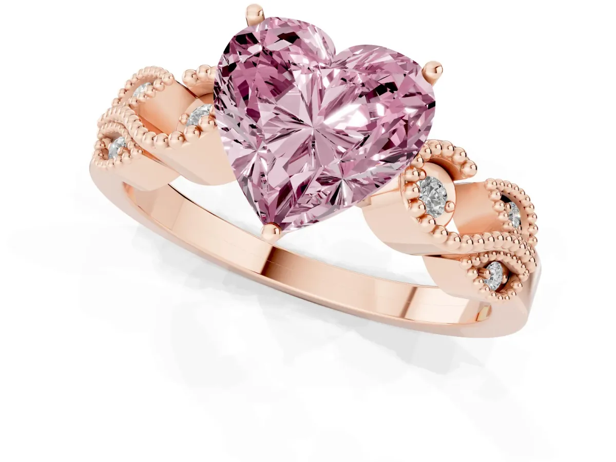 Fancy Pink Heart Cut Solitaire Milgrain Leaf Band with Prong Setting Rose gold